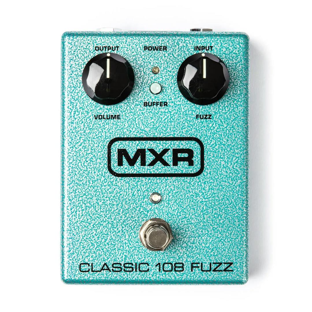 A seafoam blue MXR Classic 108 Fuzz pedal on a white background.